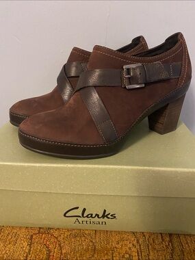 Clarks Brown Suede & Leather Cross-Strap Block Heel